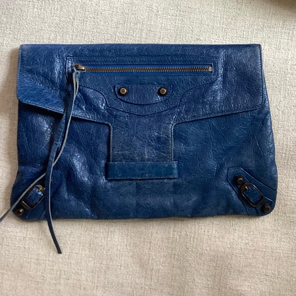 BALENCIAGA moto clutch. 100% Blue lamb skin leather.